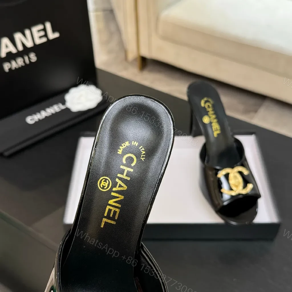 View 8 of Black Patent Mule with Gold Logo Accent – Open-Toe, Block-Heel, Luxury Style