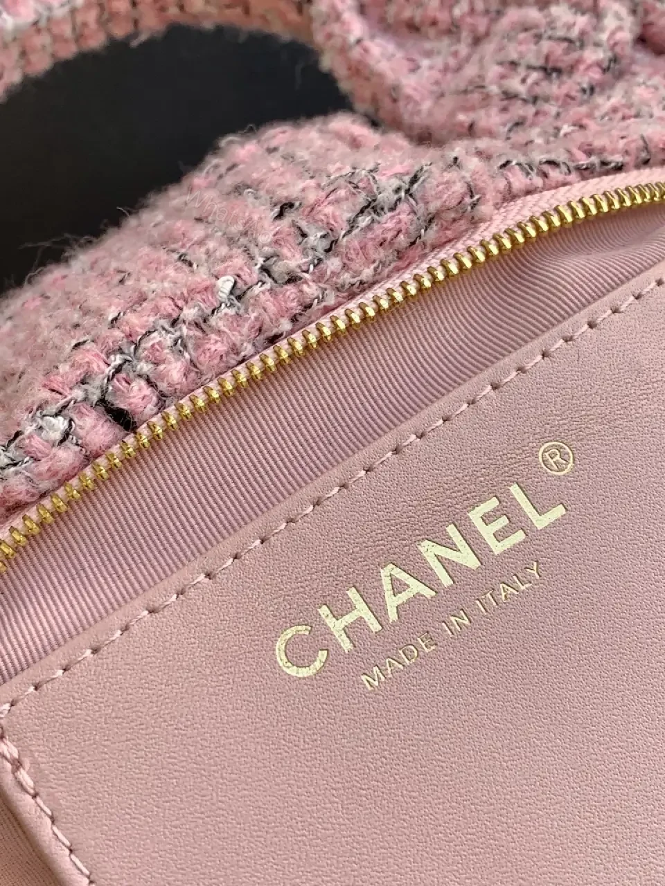 View 5 of Pink Tweed Bow Satchel, Gold Logo Clasp, Designer-Inspired Style