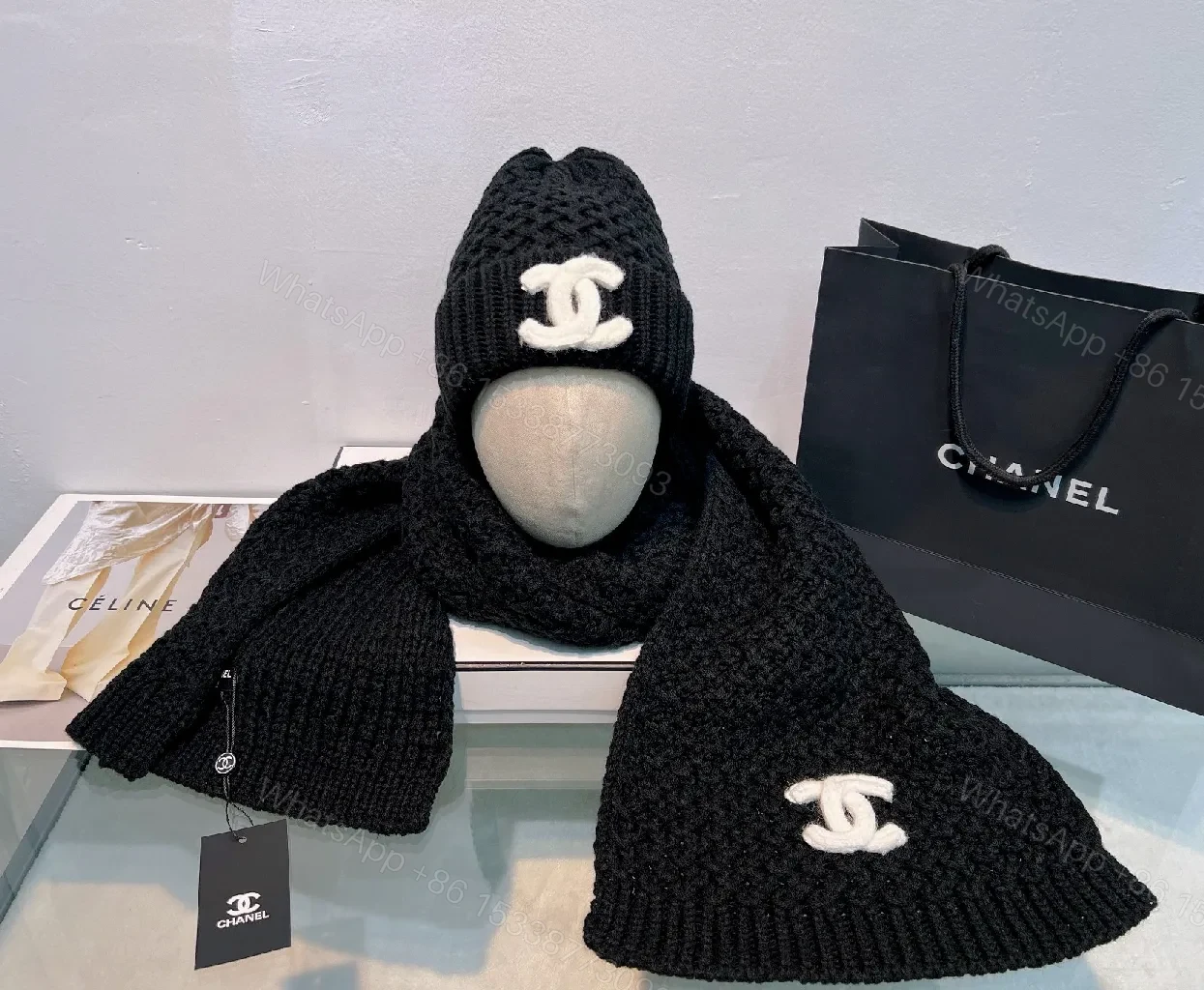 View 6 of Black Ivory Knit Set: Luxe Scarf & Beanie with Logo Clasp