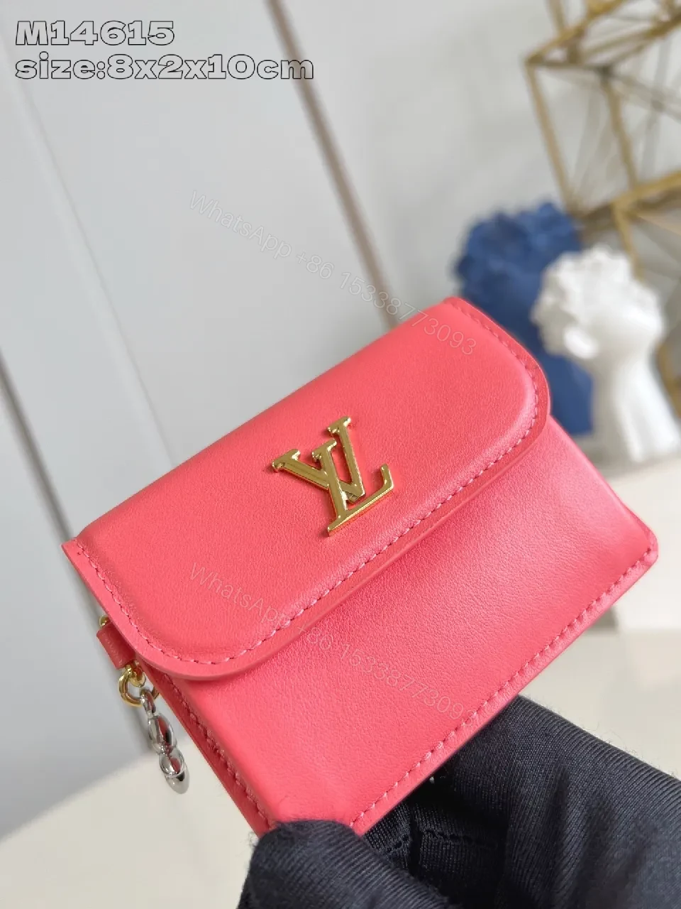 View 4 of Pink Mini Wallet, Leather, Compact, Gold LV Accent, Wallet