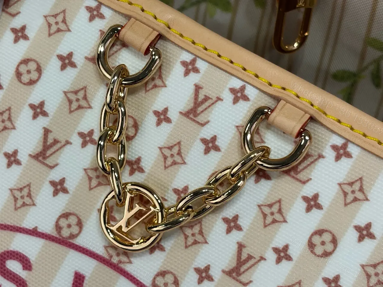 View 2 of White Tote Bag with Brown Trim and LV Monogram Details