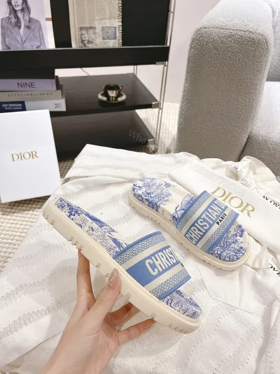 View 5 of Blue Toile Luxury Slides: Dior-Style, Cushioned Comfort Sandals