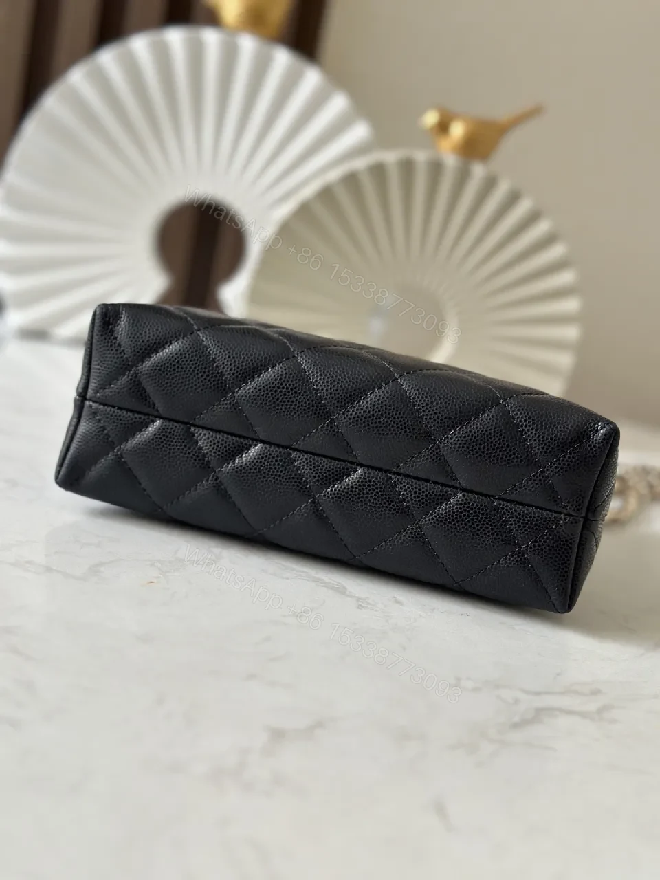 View 9 of Quilted Black Leather Bag with Gold Chain