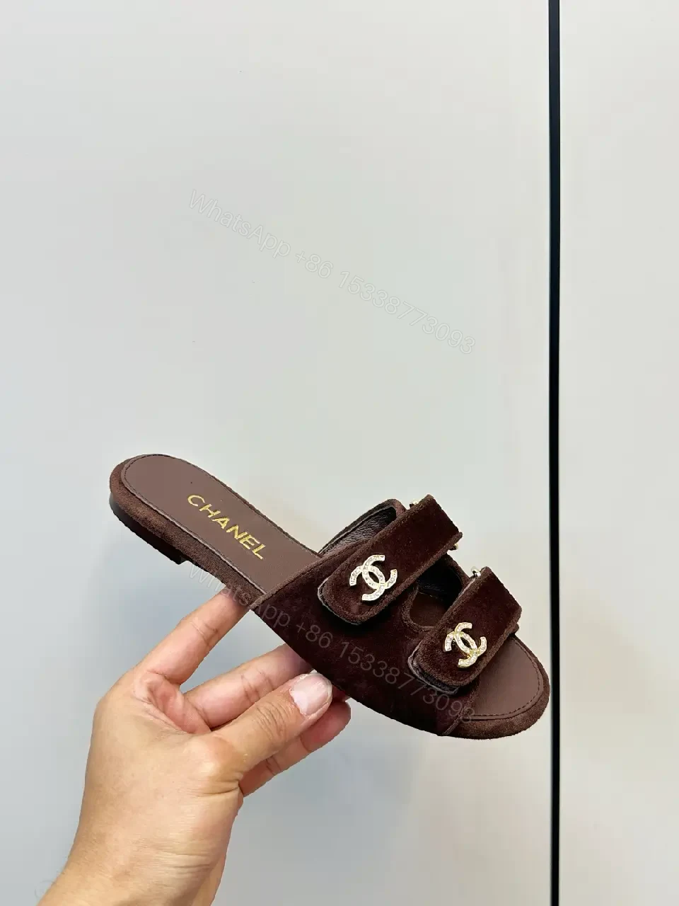 View 3 of Brown Suede Chanel-Inspired Slide Sandals: Comfort Luxury Shoes