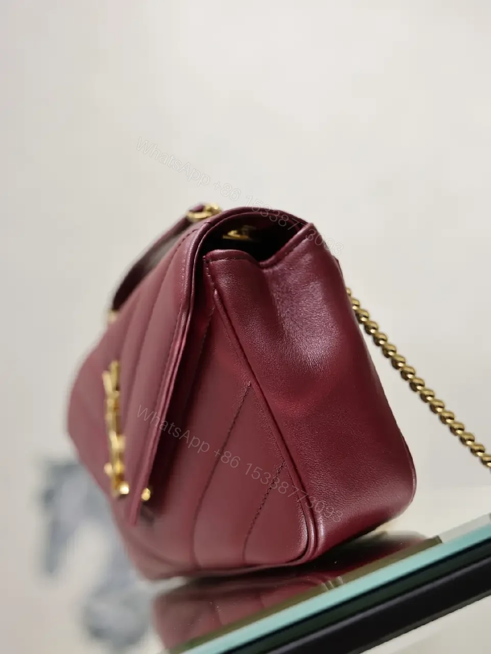 View 9 of Burgundy Leather Quilted Flap Bag with Gold YSL Clasp