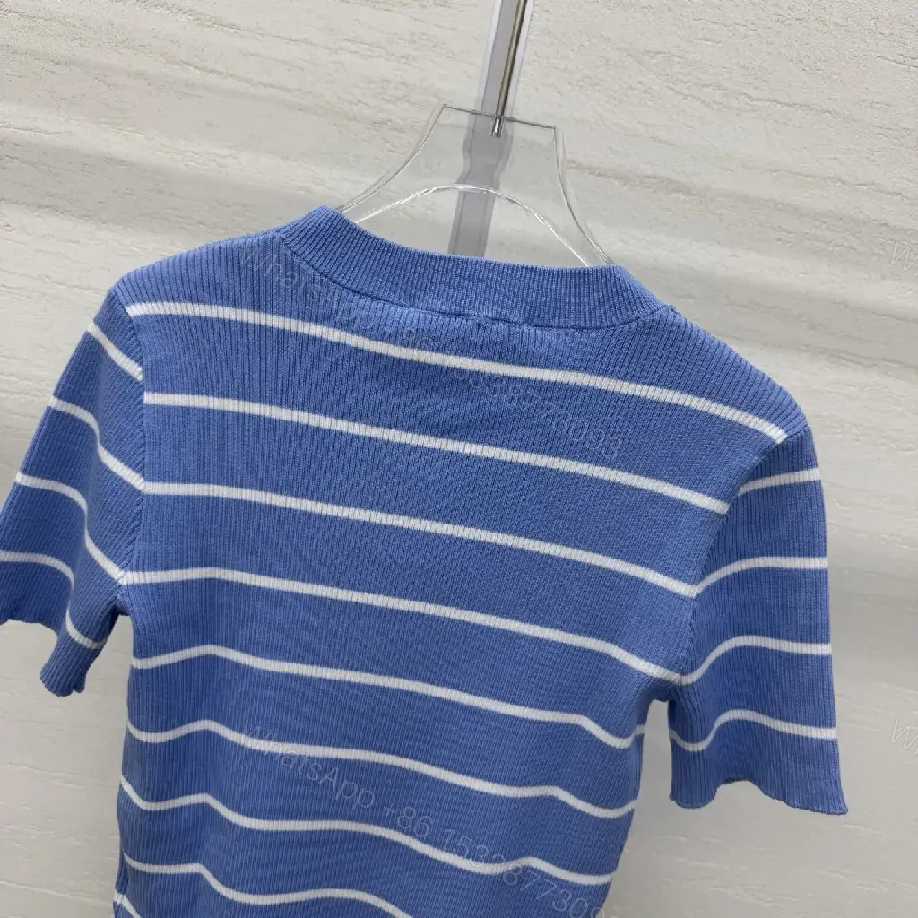 View 5 of Blue Stripes Knit Tee - Elevated Casual Luxury Knit Top