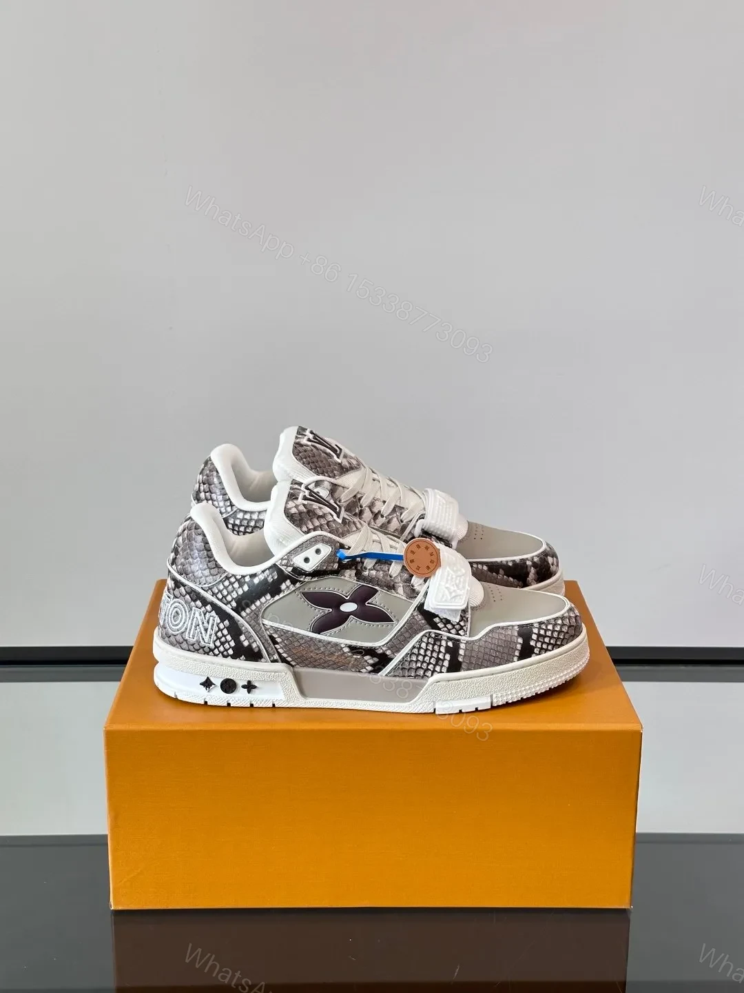 LV Men Grey Snake Print Leather Sneakers — view 1