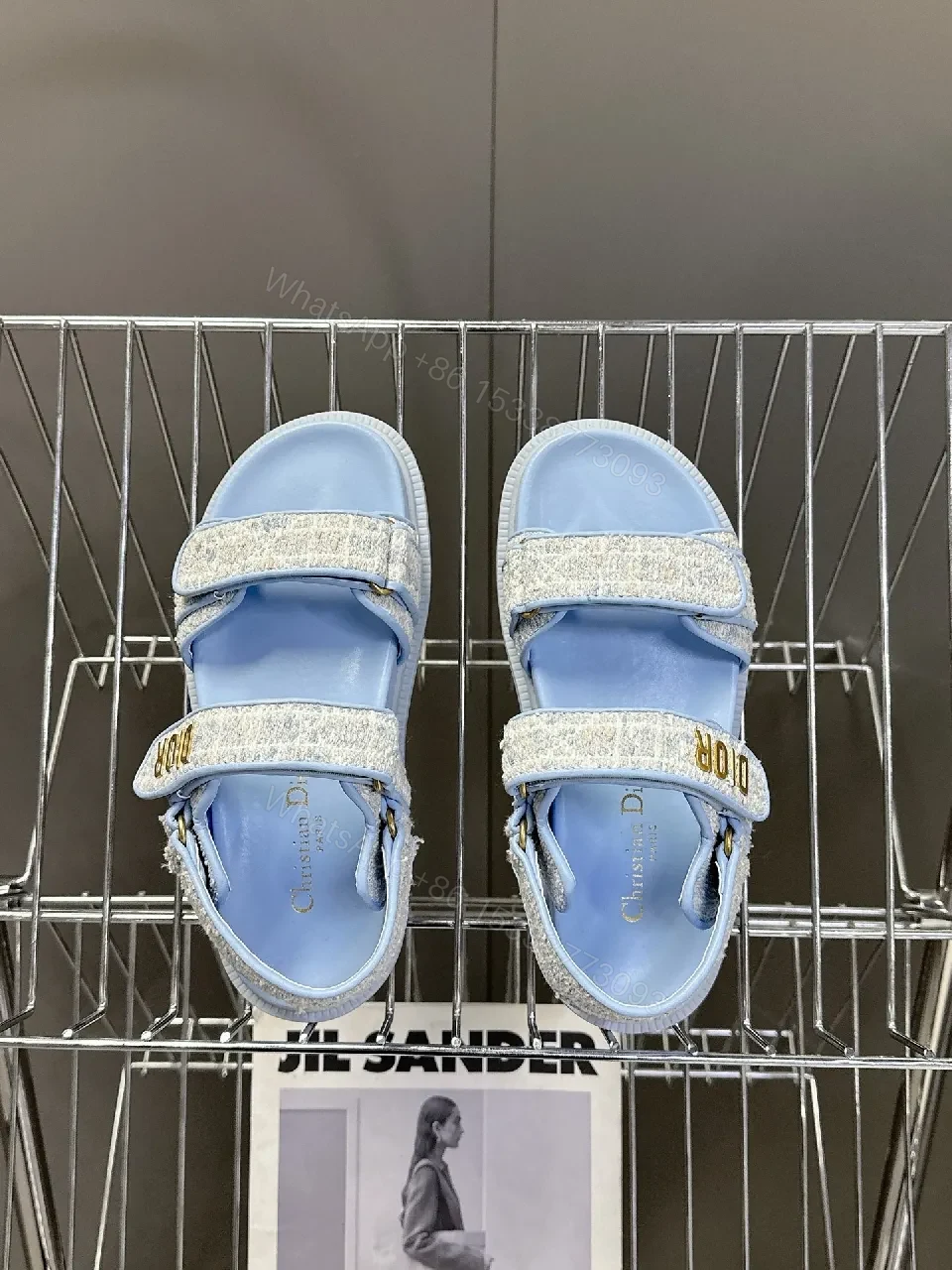 View 5 of Soft-Gleam Crest Sandals: Light-Blue Textured Straps, Minimal Logo