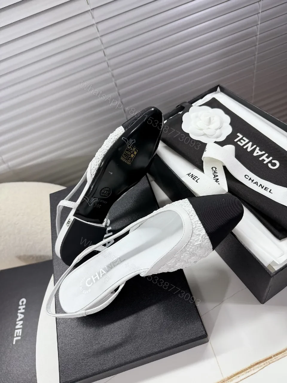 View 7 of Textured Knit Slingback Flats - Classic Black & White, Knit Accent, Flat Shoes
