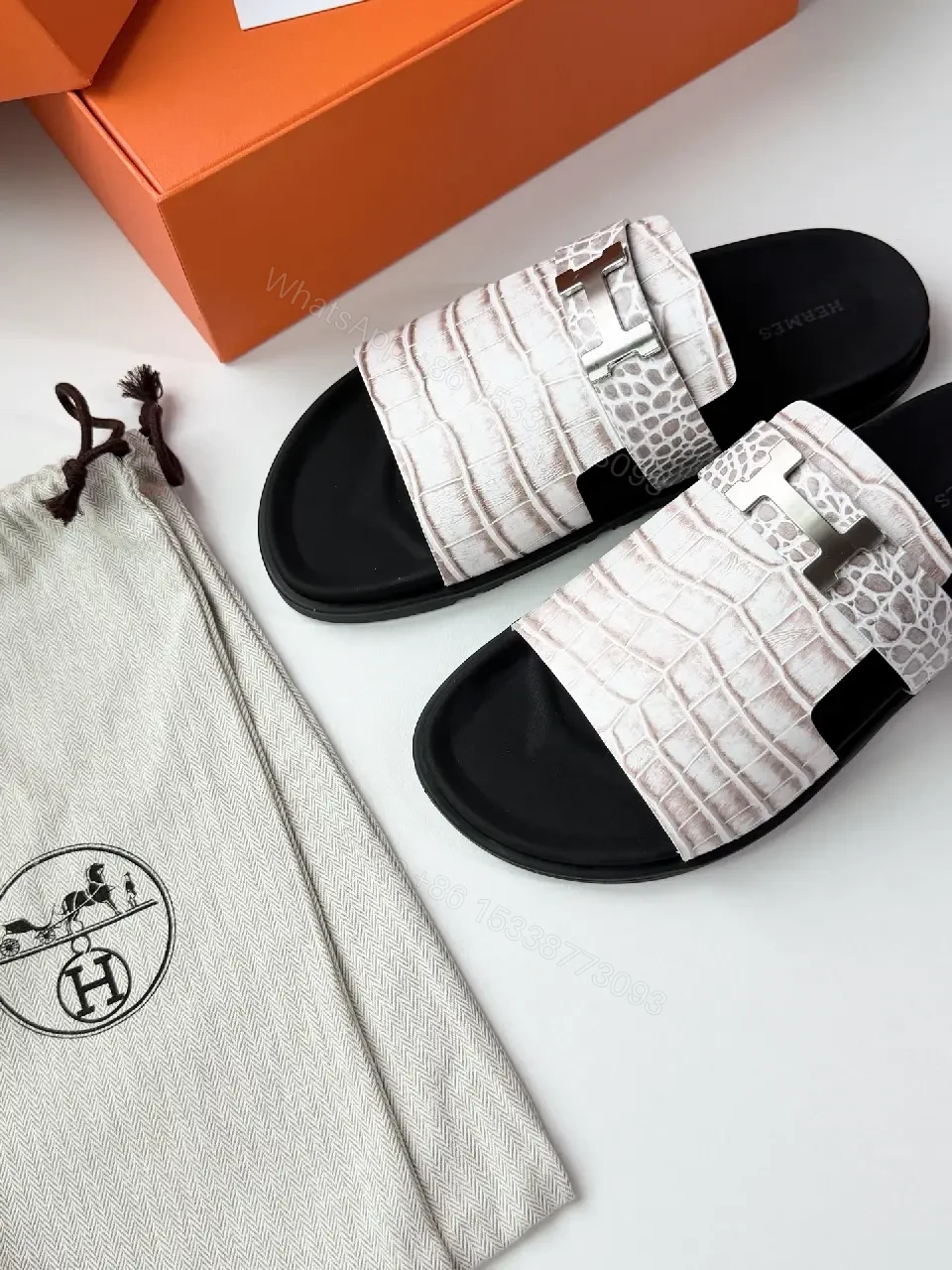 View 7 of White Crocodile-Texture Leather Slides Hermes Style Belt Sandals