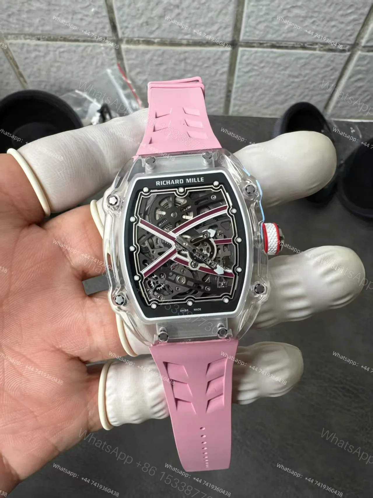 View 8 of Super Clone Richard Mille RM67-02 Sapphire Crystal Skeleton Tourbillon 1:1 Replica Watch with Pink Rubber Strap