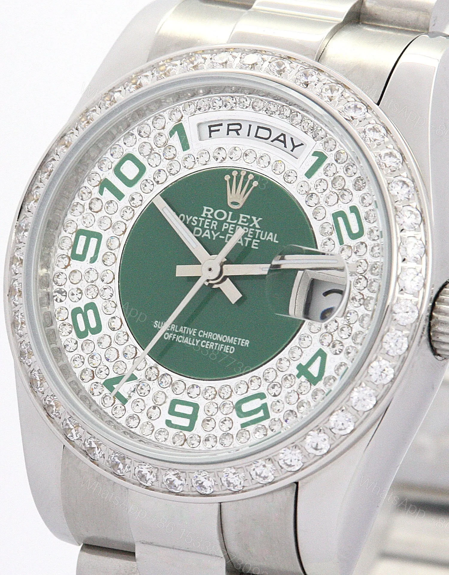 View 4 of Replica Rolex Day-Date Green and Silver with Diamonds Dial 118346 36 mm