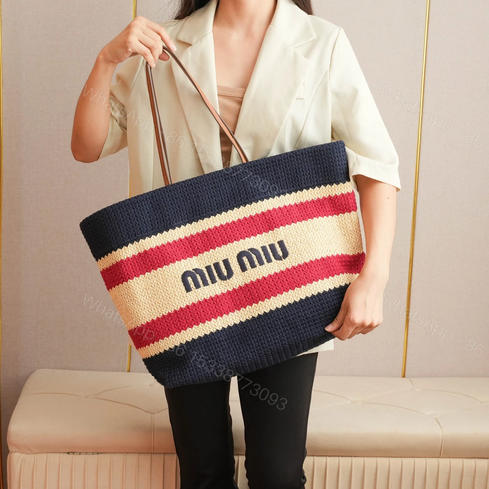 View 13 of 高仿miumiu*5BG228拼色LOGO手提包深藍色免檢版