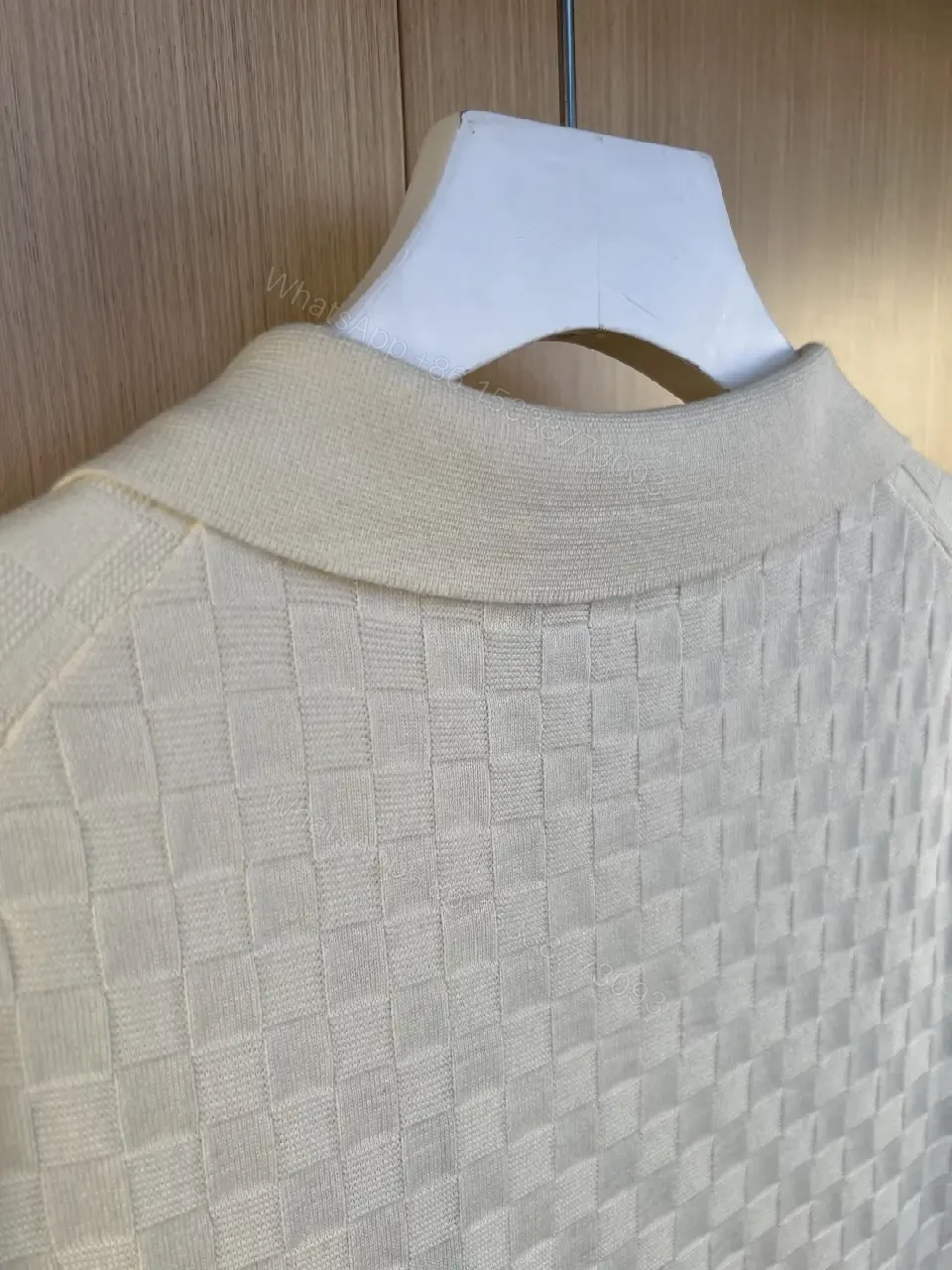 View 2 of Off-White Cream Polo Shirt, Subtle Grid Pattern, 3-Button Placket