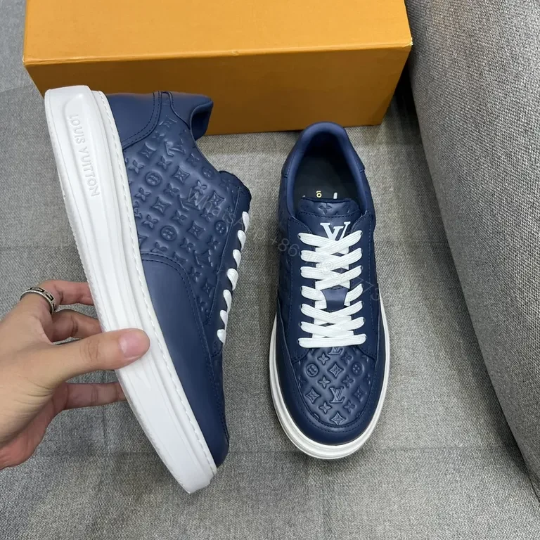 View 6 of Navy Leather LV-Patterned Low-Top Sneakers â€” Modern Luxury