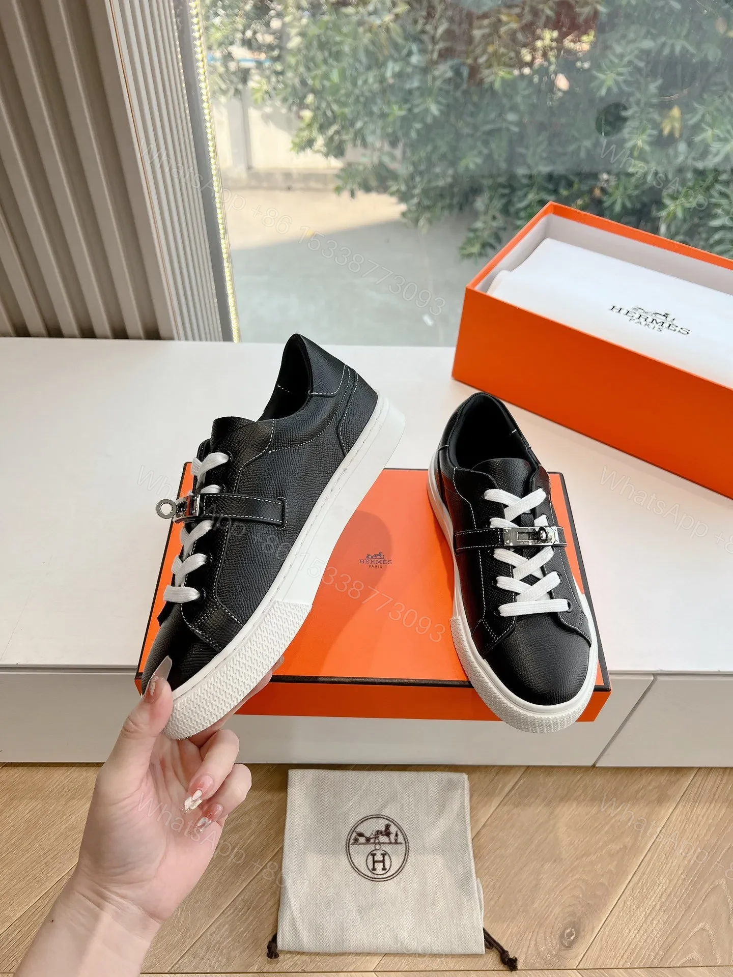 View 6 of Hermes Women Black Leather Sneakers With Buckle Strap