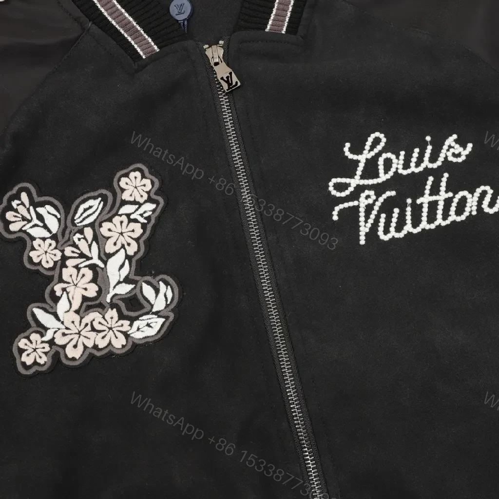 View 3 of Black Velour Bomber – Bold Floral Applique with Signature Script