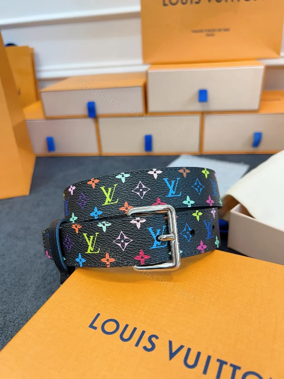 View 2 of Bold Multicolor LV-Inspired Belt: Rainbow Monogram Accessory
