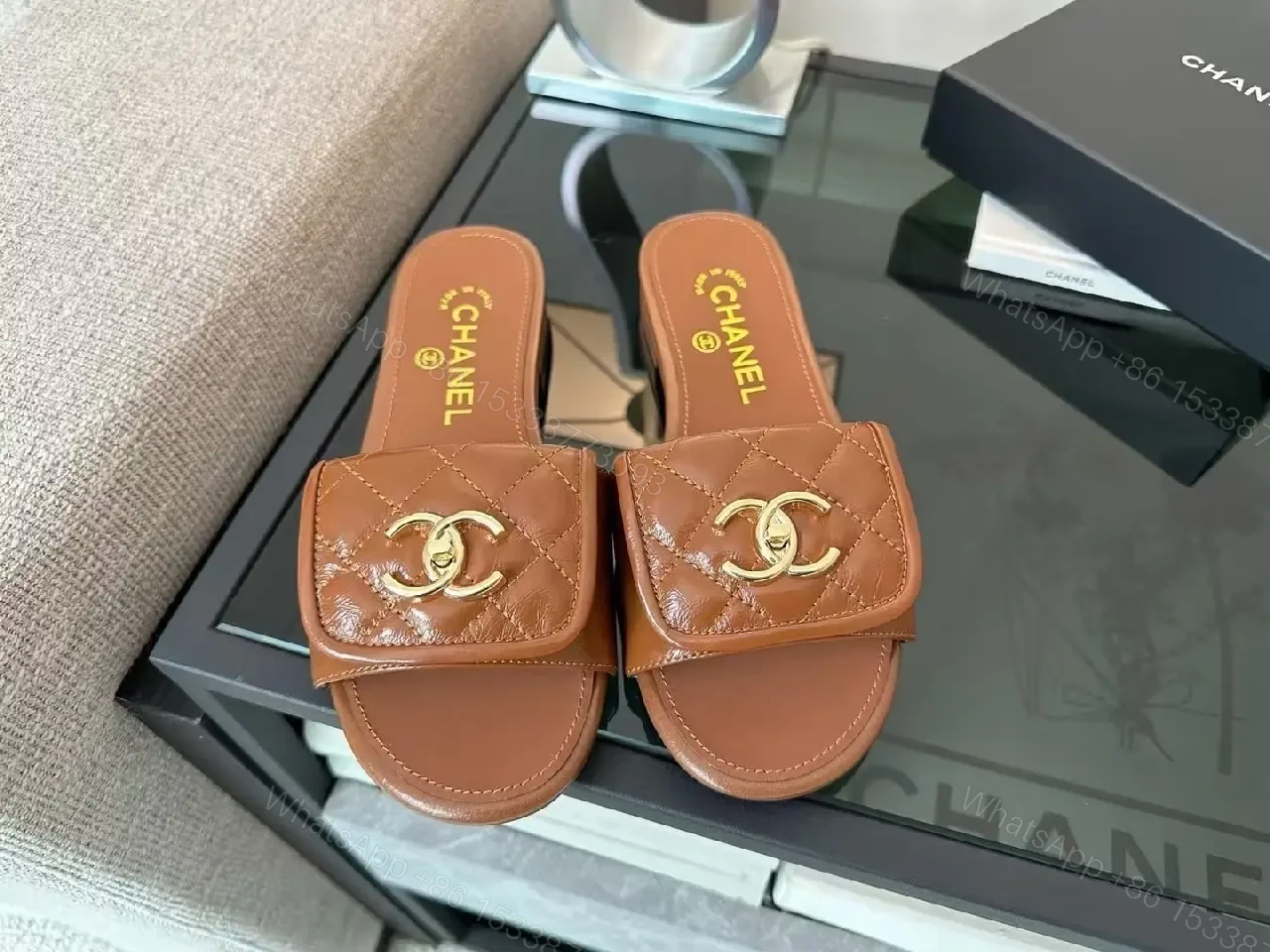 View 8 of Quilted Leather Slides with Gold Hardware, Luxury Casual Glide