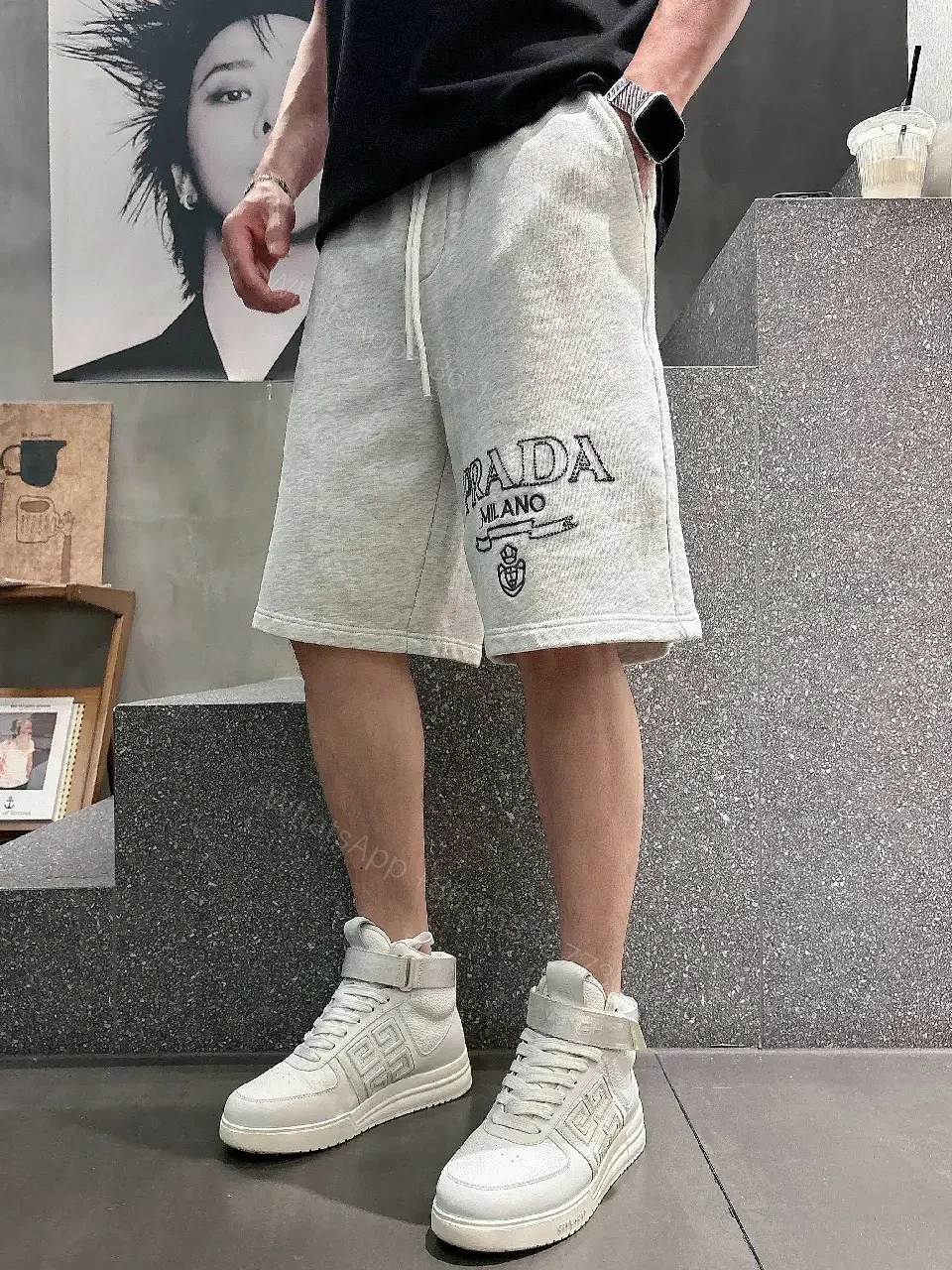 View 2 of Gray Hoodie Shorts Fabric Streetwear Drawstring Shorts