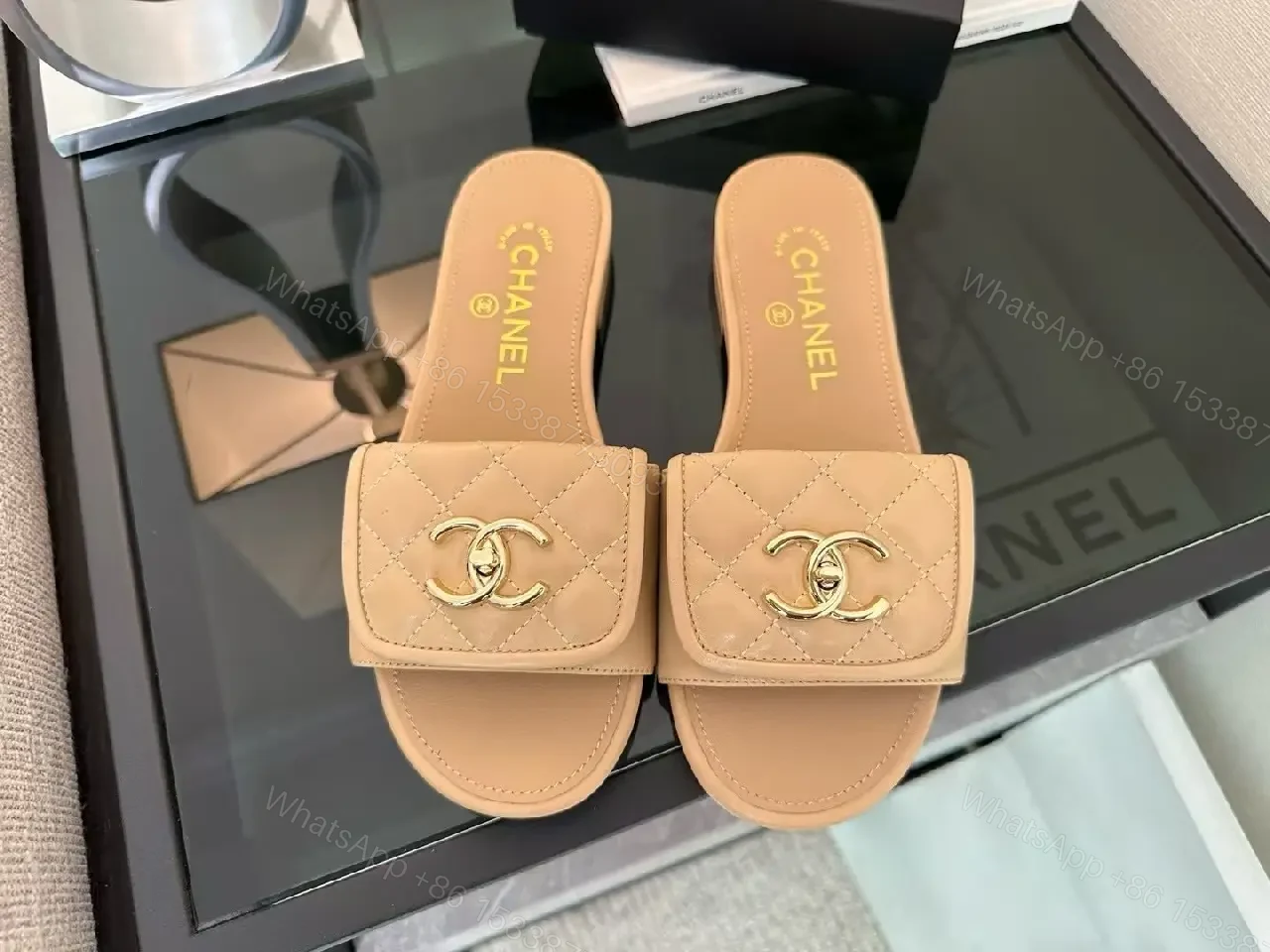 View 6 of Quilted Leather Slide Sandals with Gold Hardware - Luxury Comfort