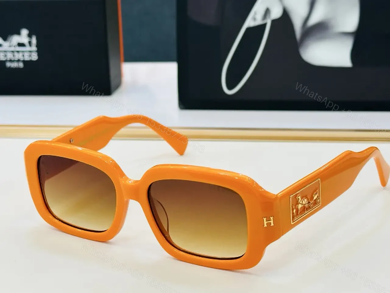 View 5 of Black Acetate Oversized Sunglasses – Square Lenses, Gold Emblem & Plaque Style