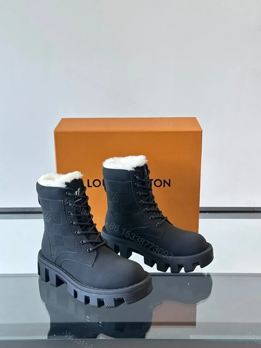 View 5 of LV Men Black Leather Fur Lined Boots