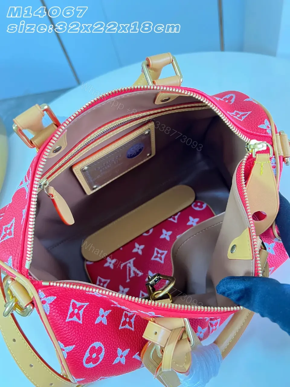 View 6 of Red Monogram-Pattern Leather Tote Bag with Tan Accents and Top Handles