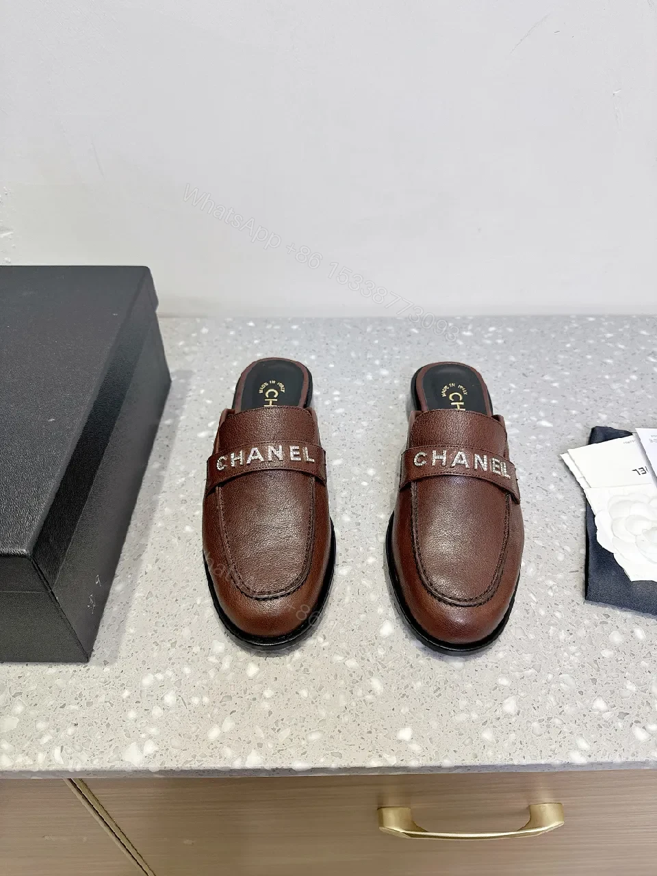 Brown Leather Mules + CHANEL Strap + Minimalist Couture + Memory-Foam Comfort + Mules — view 1