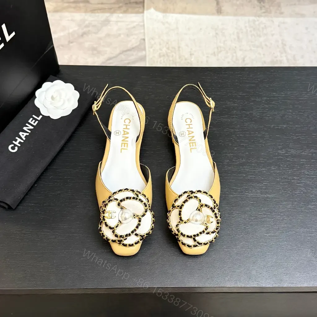 View 4 of Beige Leather Slingbacks with Pearl Embellishment – Low Heel