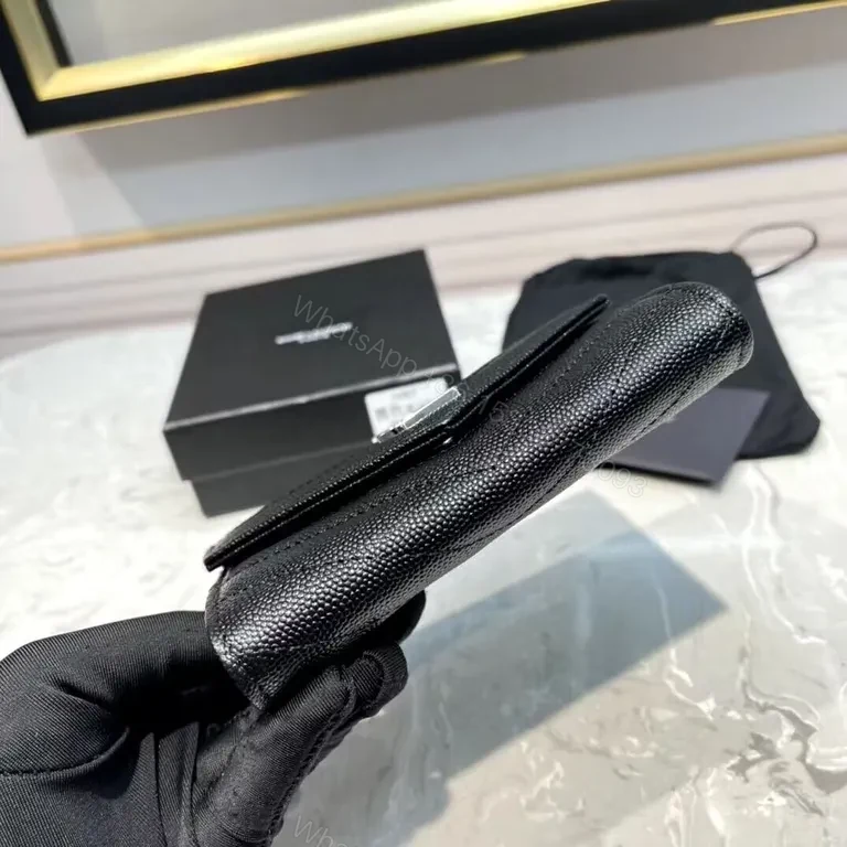 View 3 of Compact Black Pebble-Grain Leather Wallet with YSL Hardware