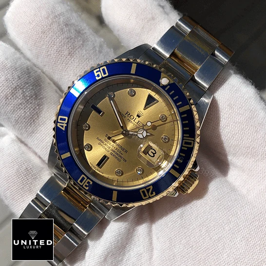 View 7 of Rolex Submariner Serti Two Tone Stainless Steel Gold Diamond 16613 Replica