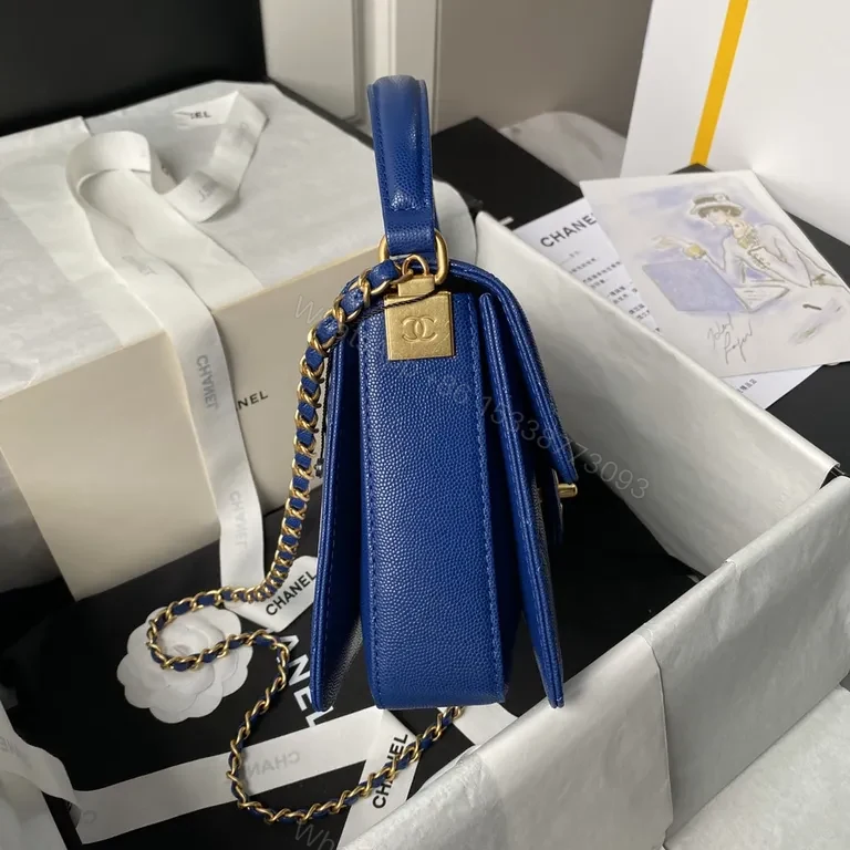 View 5 of Blue Quilted Mini Bag with Gold Hardware - Luxury Caviar Leather Style