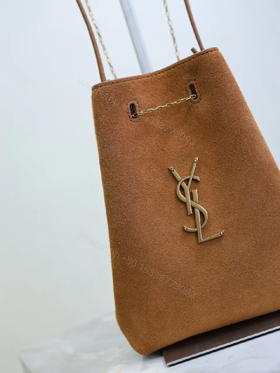 View 9 of Brown suede YSL-inspired shoulder bag with gold-tone chain strap