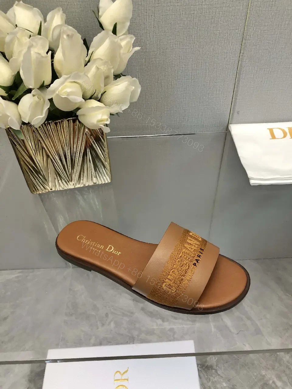 View 6 of Brown Leather Christian Dior Slides, Bold Logo Strap, Paris, Slide Sandals