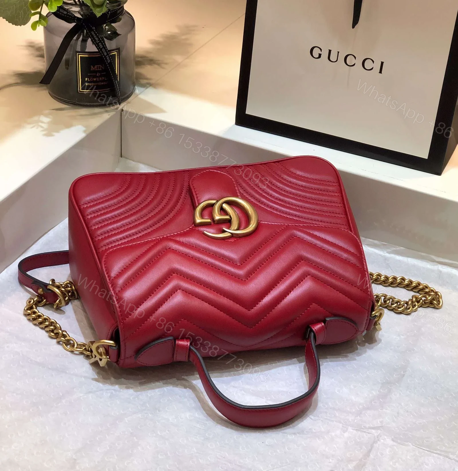 View 6 of Gucci Marmont Top Handle Like Auth Women’s Handbag Red 27cm