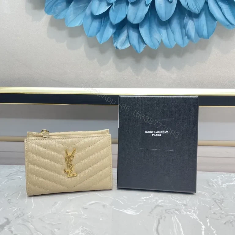 Quilted Beige Wallet with Gold YSL Emblem - Luxury Compact Wallet — view 1