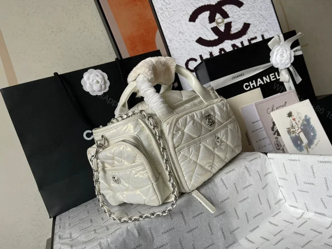 View 8 of CHANEL CC LARGE 35 BOWLING BAG IN WHITE CALFSKIN