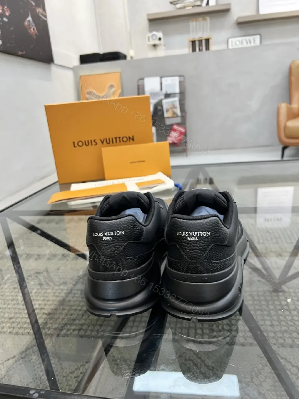 View 3 of Black Leather-Textured Runner with Signature Detailing Sneakers