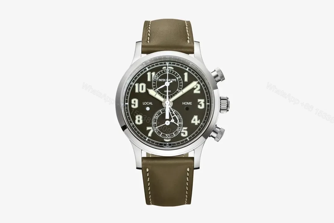 Patek Philippe 5924G Multifunction Watch Silver Case with Black Dial and Brown Leather Strap — view 1