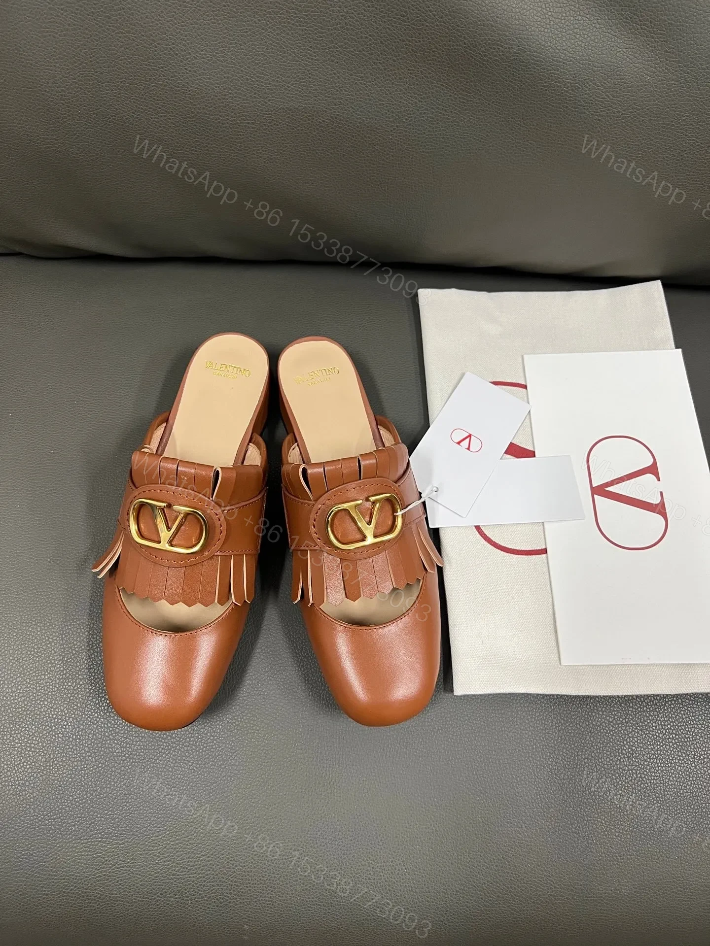 View 4 of Valentino Women Brown Leather Fringe Mules