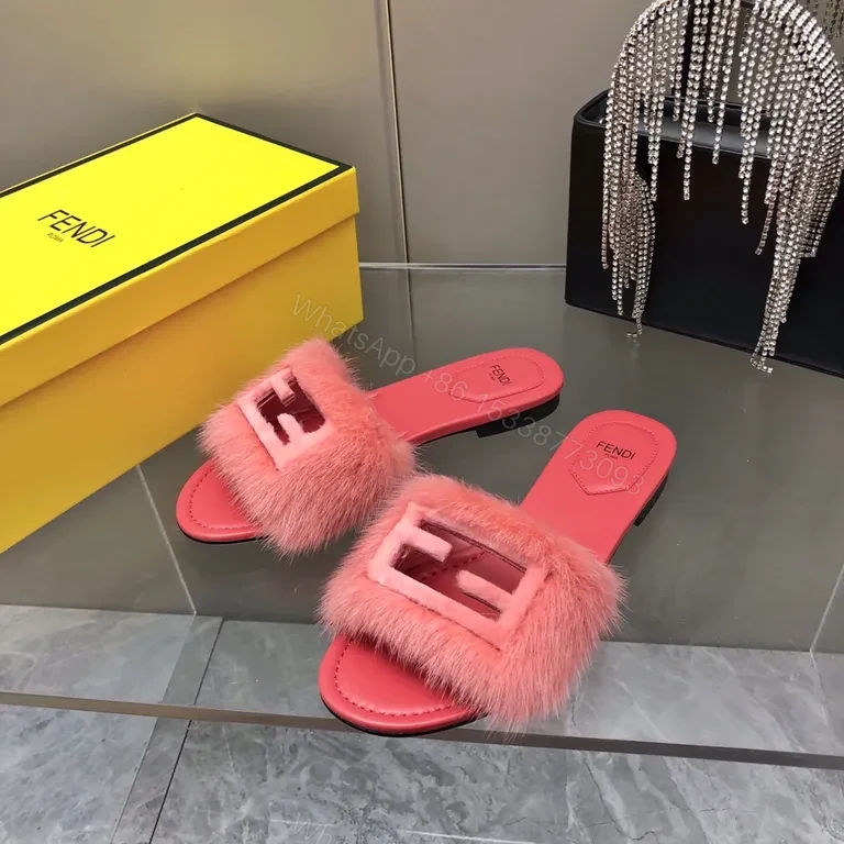 View 3 of Pink Fur-Trimmed Fendi Slides: Bold Comfort