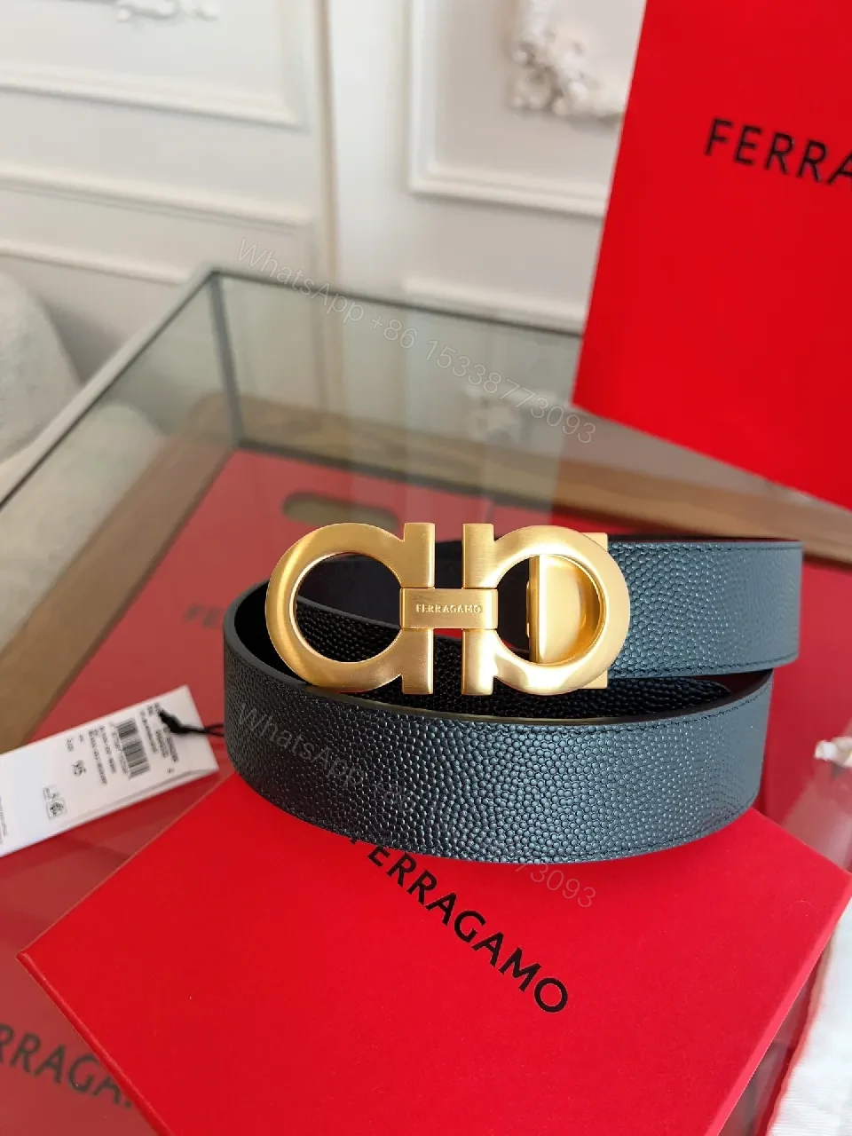 View 2 of Statement Leather Belt with Gold Buckle - Classic Black Leather Belt