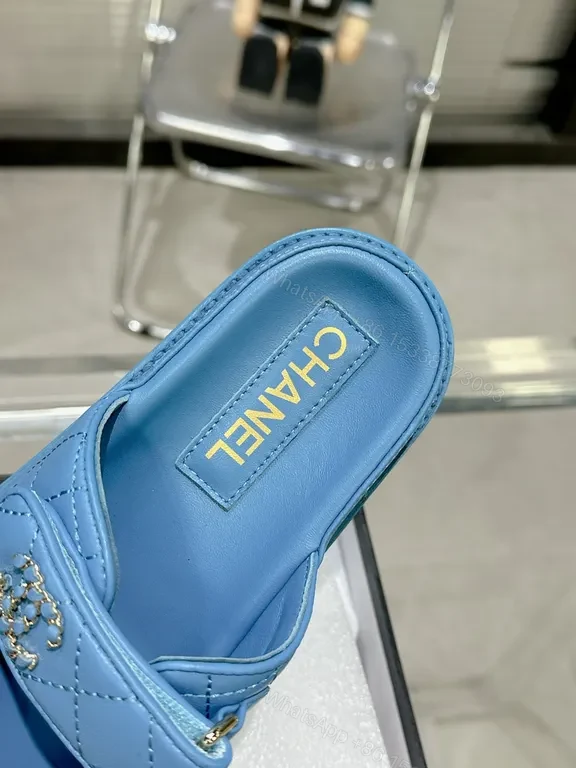 View 3 of Blue Chanel-Style Slide Sandals - Luxe Comfort, Quilted Chic