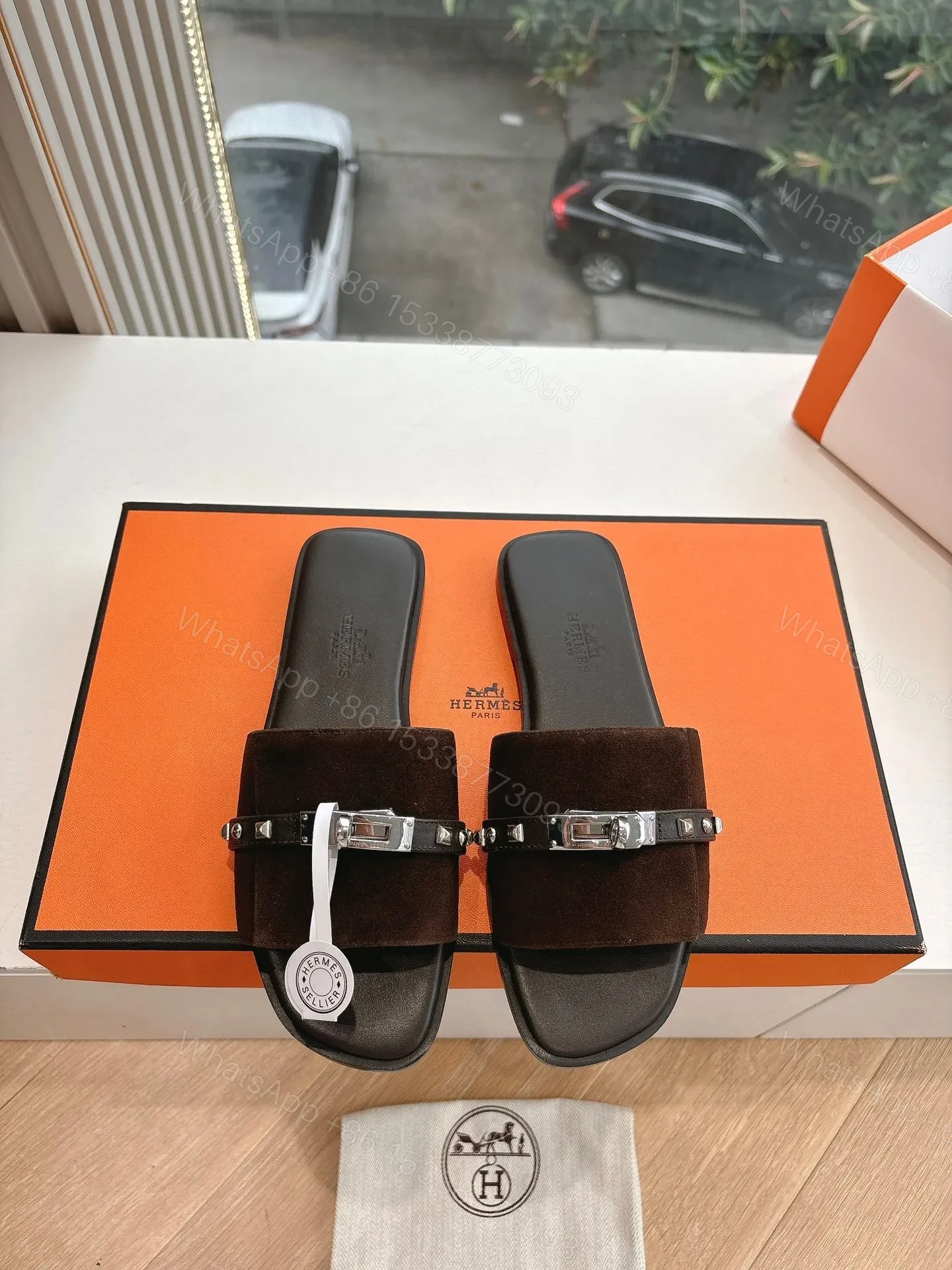 Hermes Women Dark Brown Suede Leather Strap Mules — view 1