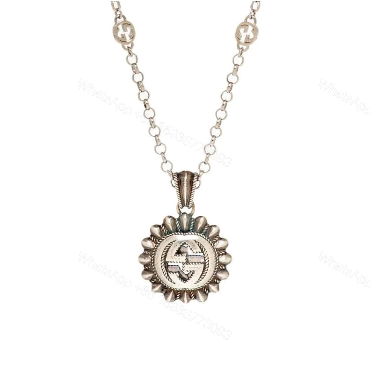 GUCCI INTERLOCKING G LOGO EMBELLISHED PENDANT STATION NECKLACE GOLD TONE — view 1