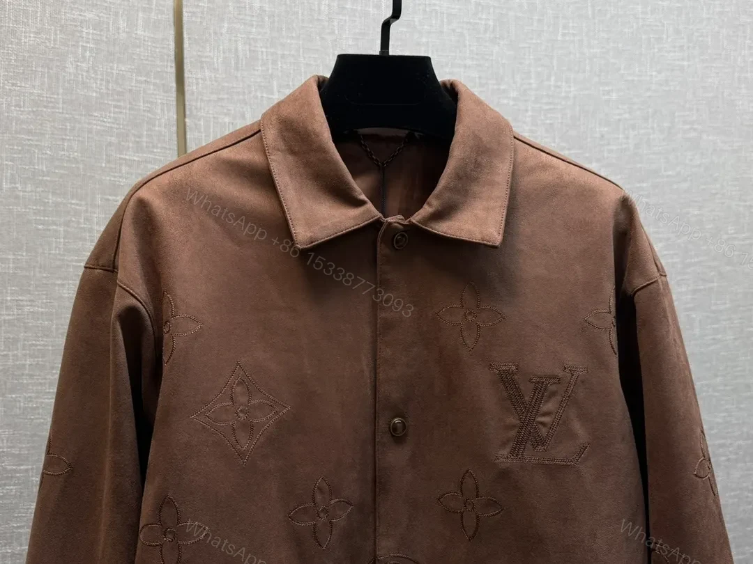 View 5 of Brown Monogram-Texture Canvas Jacket with Embossed Pattern
