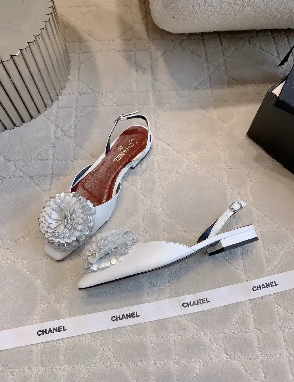 View 8 of White Floral Slingback Pumps - Couture Comfort, Pointed Toe, Block Heel