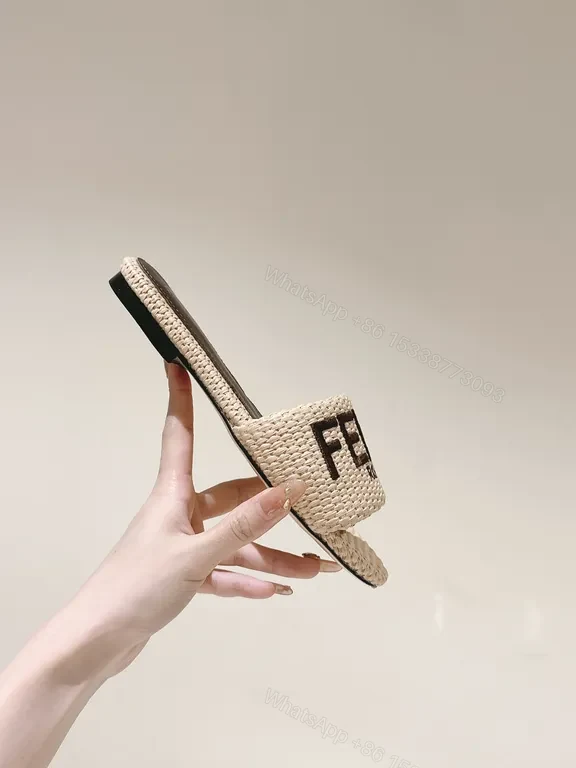 View 4 of Raffia + Leather? Not applicable. Wait. Bold Logo Raffia Slide â€” Luxury Resort Footwear