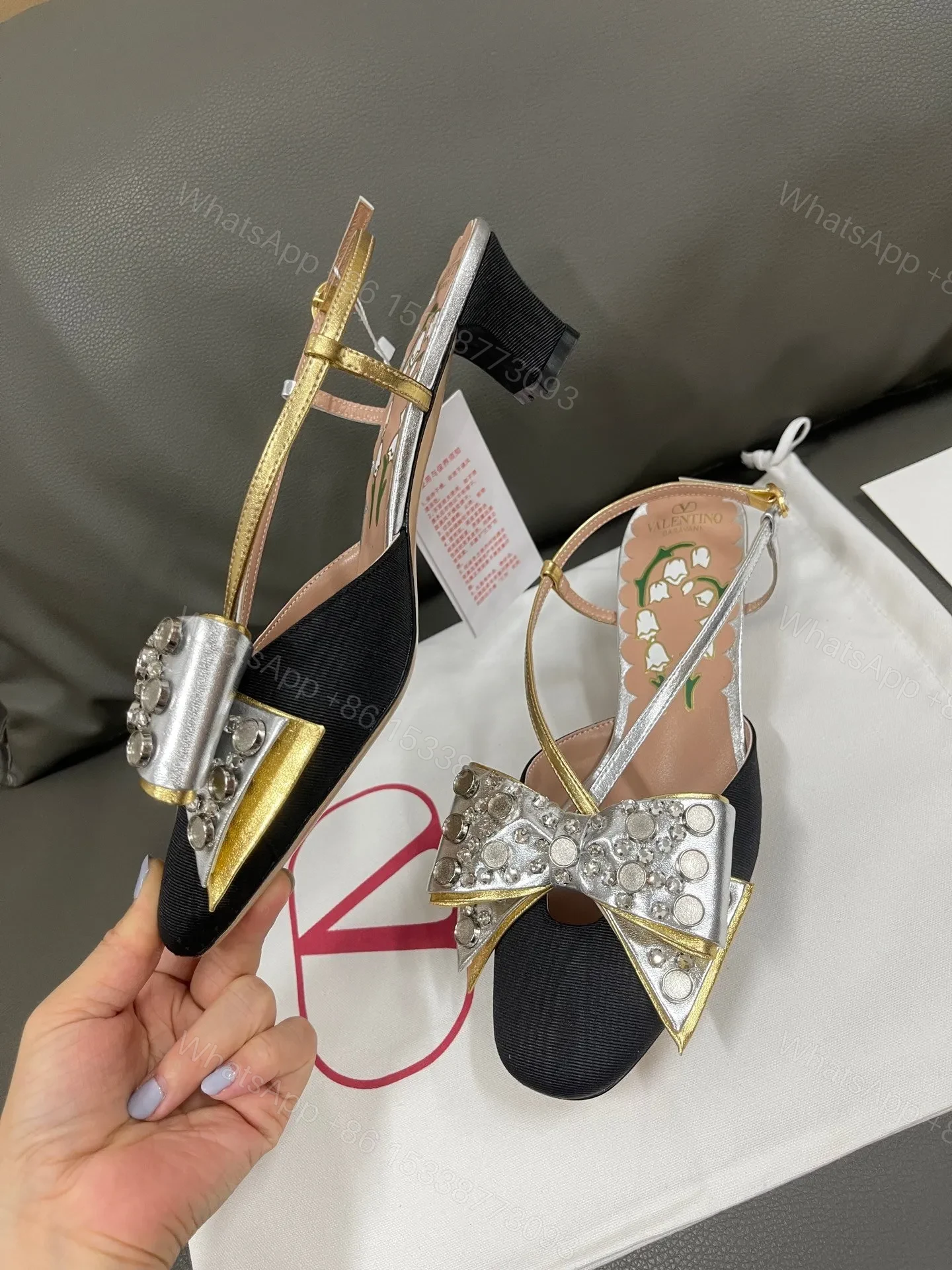 View 2 of Valentino Women Black Silver Leather Bow Slingback Flats